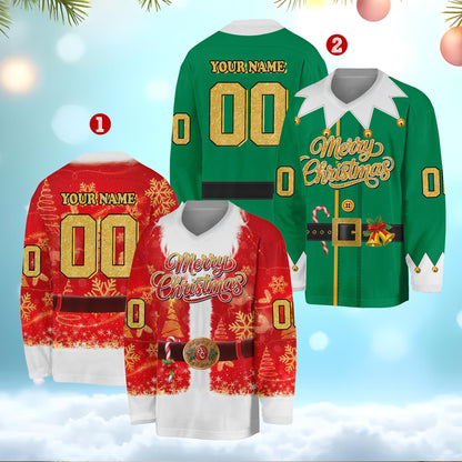Details of the personalized Christmas hockey jerseys showing Santa and Elf designs together