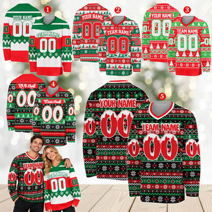 Back view of personalized christmas hockey jersey showing custom name and number