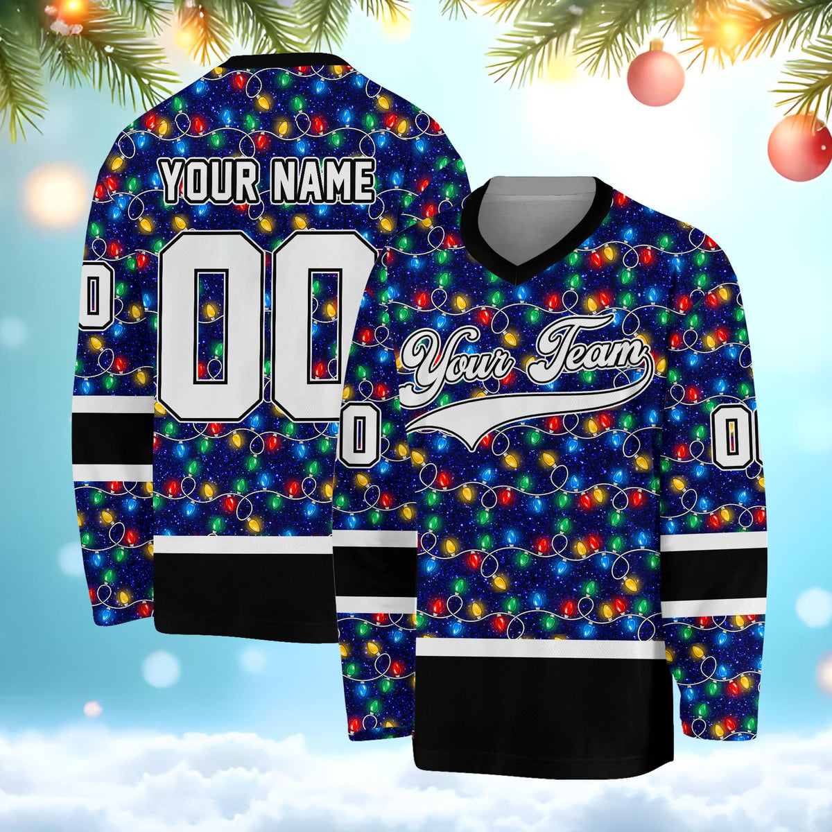 Navy personalized hockey jersey with Christmas lights design, front view