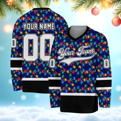 Navy personalized hockey jersey with Christmas lights design, front view