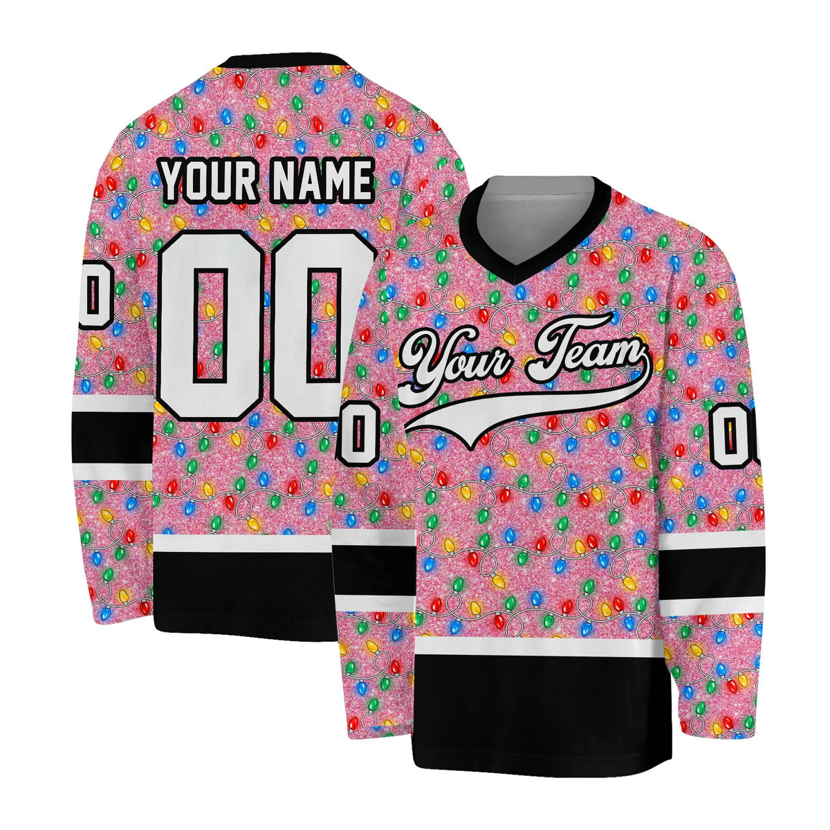 Pink personalized hockey jersey with Christmas lights design, front view