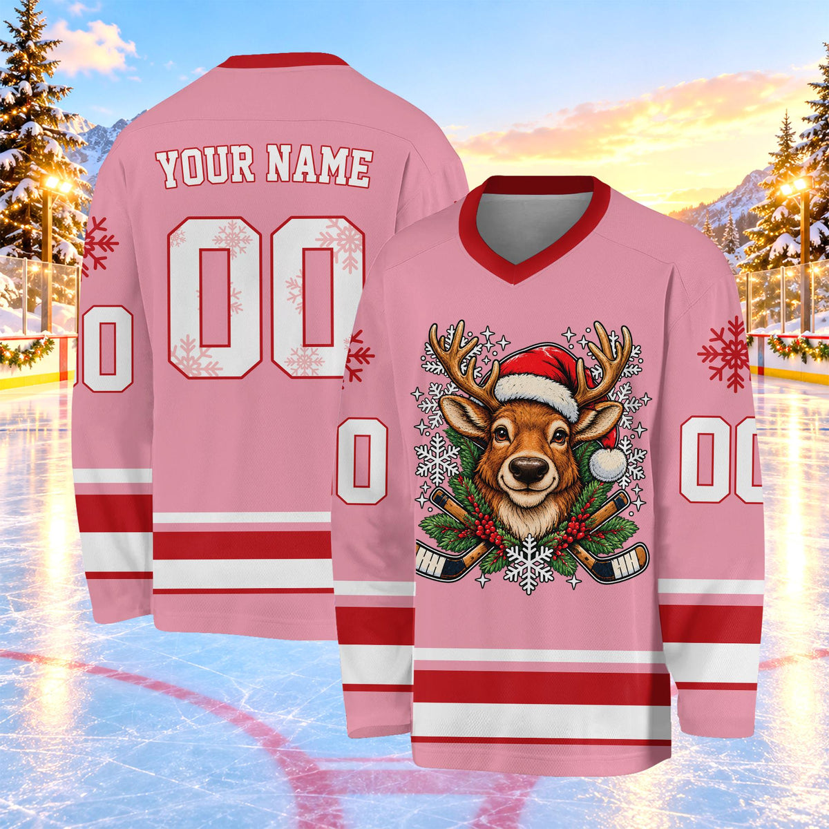 Pink custom hockey jersey with reindeer and crossed sticks, front view