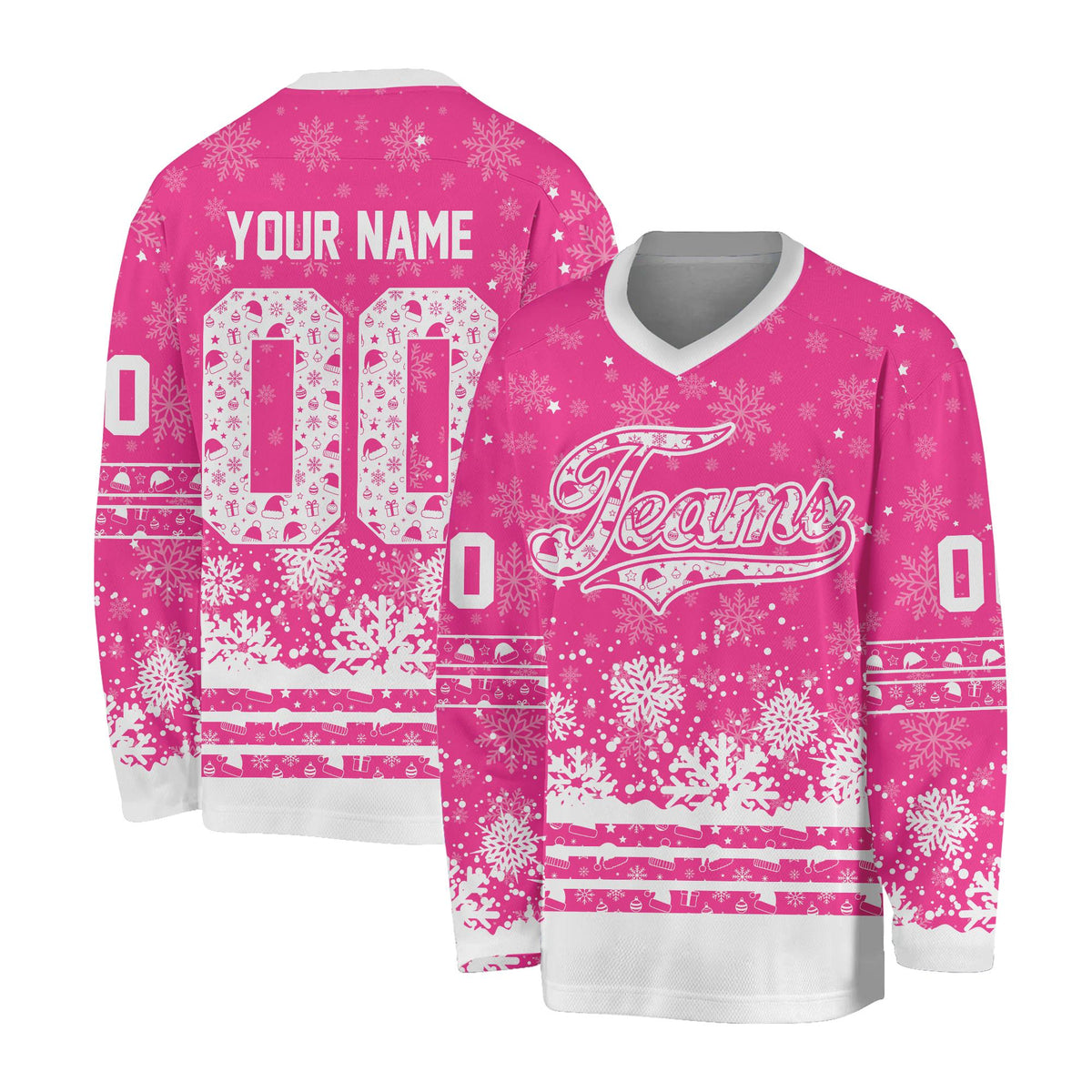 Pink christmas hockey jersey with custom personalization, front view