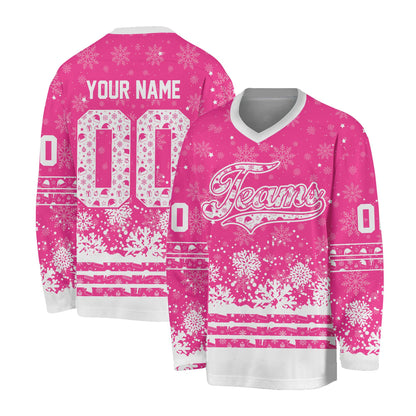 Pink christmas hockey jersey with custom personalization, front view