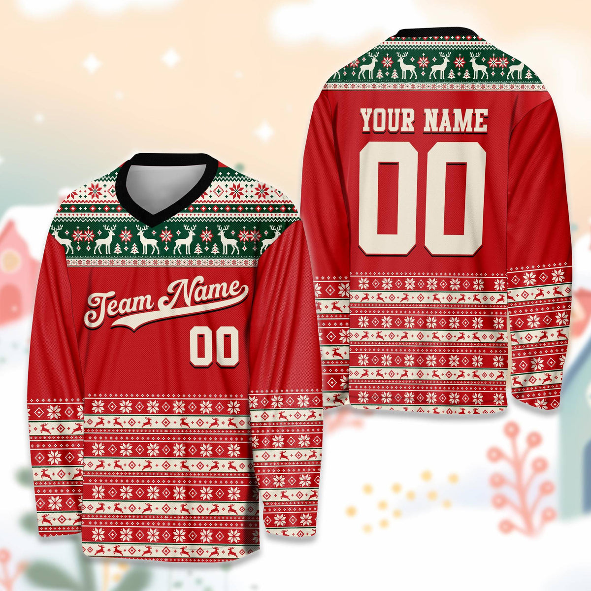 Front view of the red christmas hockey jersey featuring reindeer and snowflakes