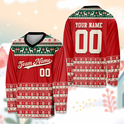 Front view of the red christmas hockey jersey featuring reindeer and snowflakes