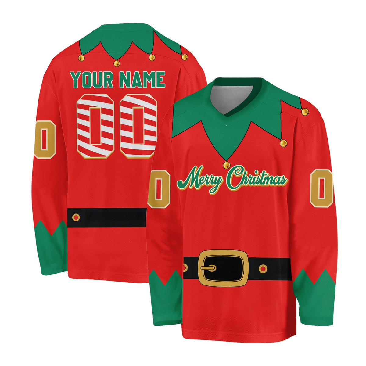 Personalized red christmas elf hockey jersey with custom name and number, front view