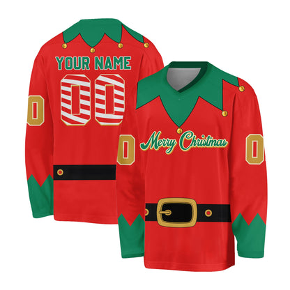 Personalized red christmas elf hockey jersey with custom name and number, front view