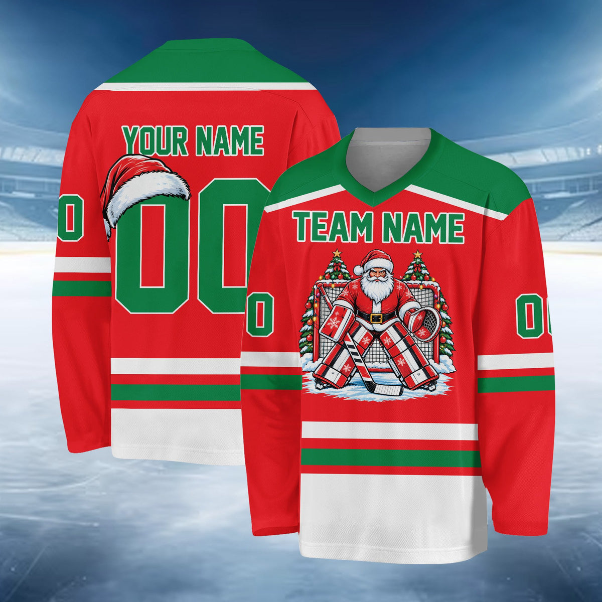 Another front view of the red custom hockey jersey with Christmas details