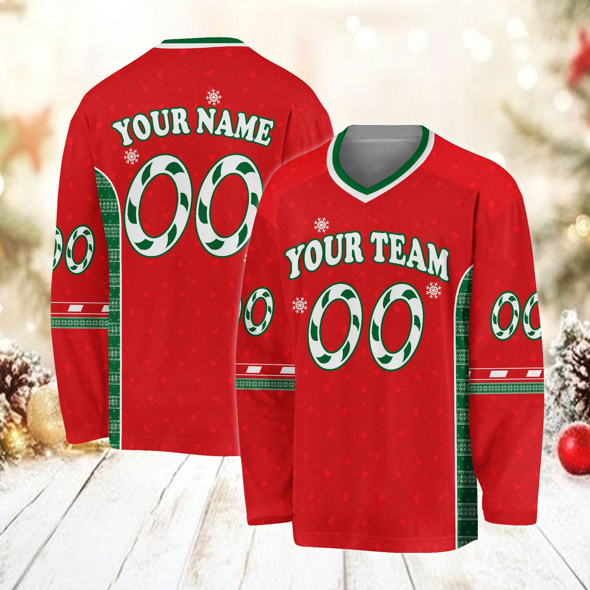 Front view of red custom christmas hockey jersey