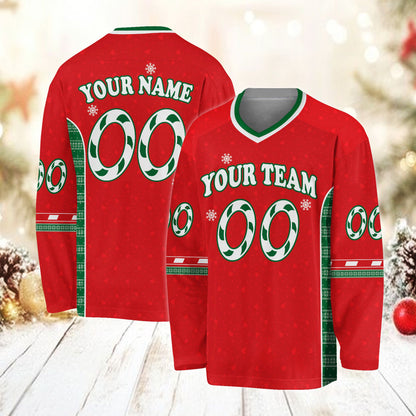 Front view of red custom christmas hockey jersey