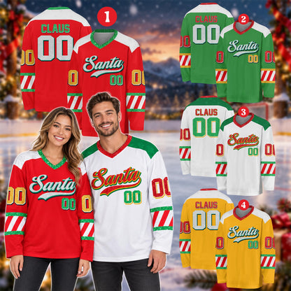 Front view of the red custom hockey jersey with Santa Christmas design