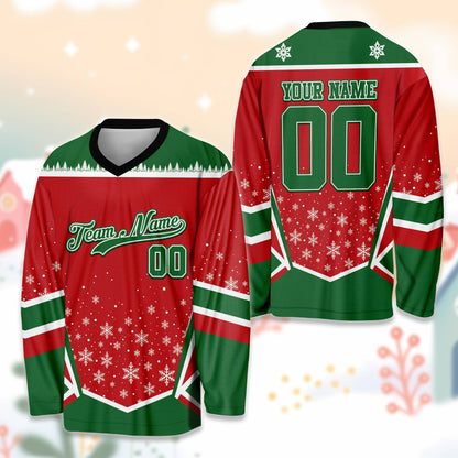 Front view of the personalized red christmas hockey jersey featuring snowflakes and white stripes