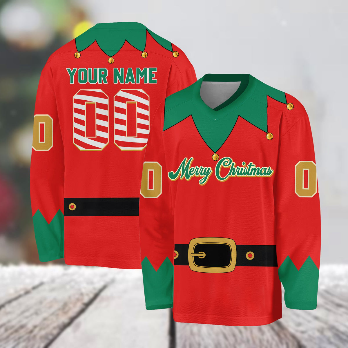 Personalized red christmas elf hockey jersey with custom name and number, front alternate view