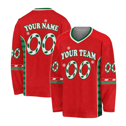 Another front view of red custom christmas hockey jersey