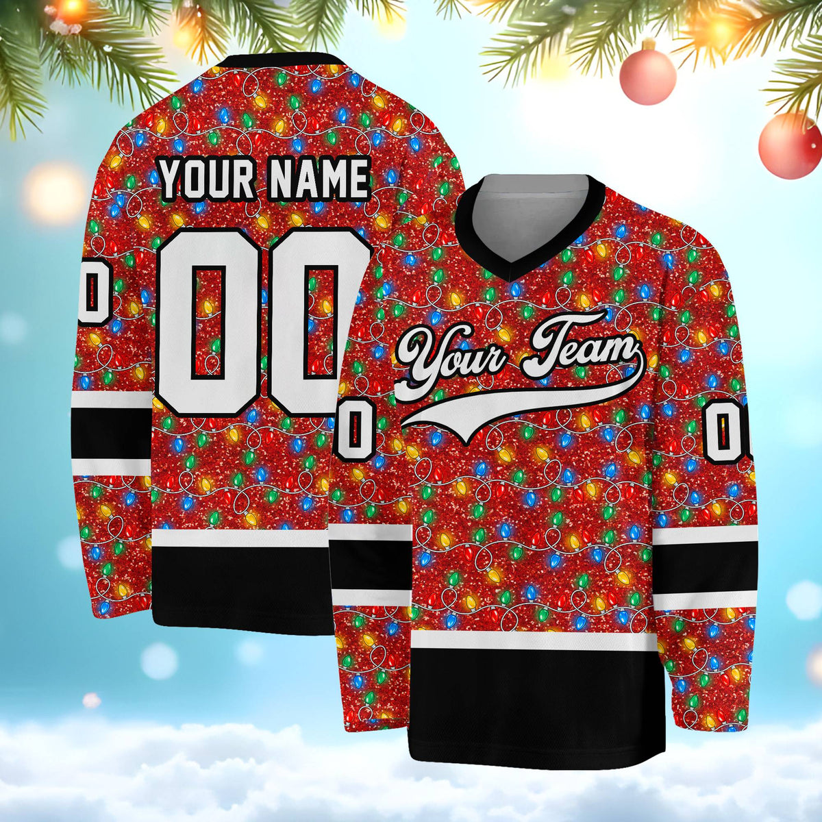 Red personalized hockey jersey with Christmas lights design, front view