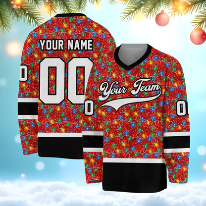 Red personalized hockey jersey with Christmas lights design, front view