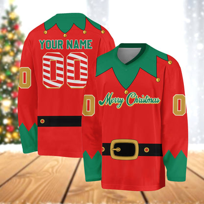 Personalized red christmas elf hockey jersey with custom name and number, front detail view