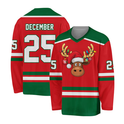 Red variation front view of the custom reindeer hockey jersey