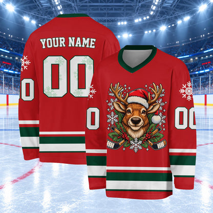 Red holiday hockey jersey design, front view