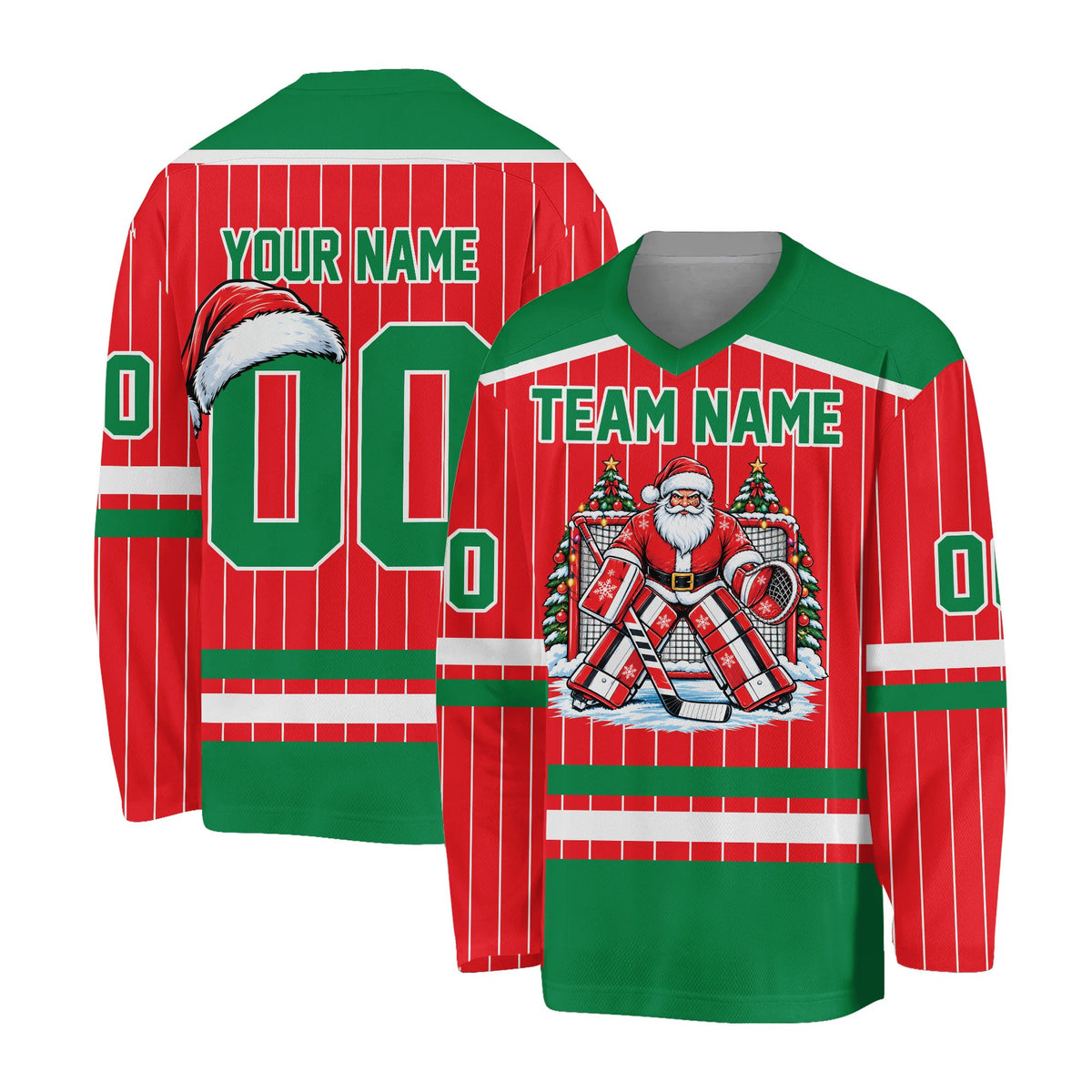 Red custom hockey jersey showcasing Santa goalie graphic, alternate front view