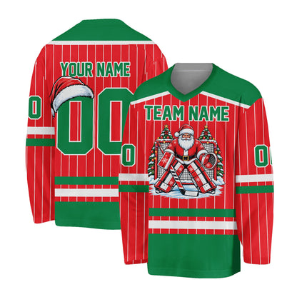 Red custom hockey jersey showcasing Santa goalie graphic, alternate front view