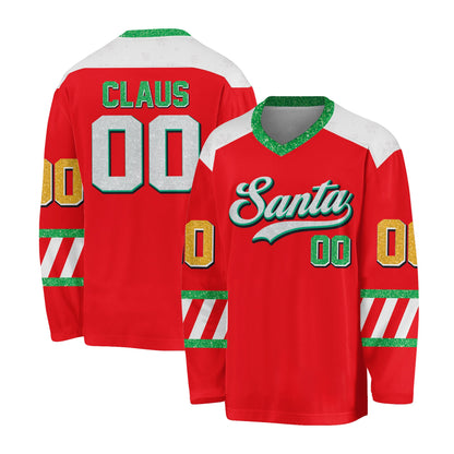 Another front view of the red custom hockey jersey with Santa Christmas design