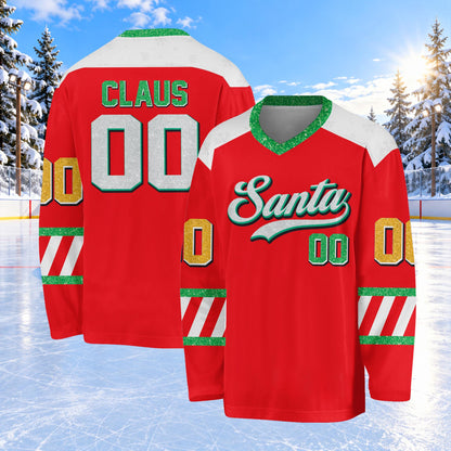 Close up front view of the red custom hockey jersey with Santa Christmas design
