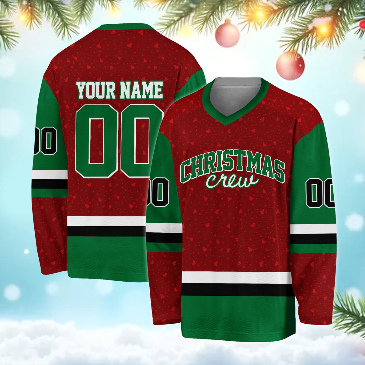 Flat front display of the red christmas hockey jersey