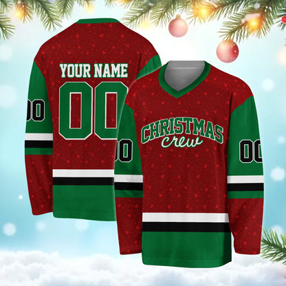 Flat front display of the red christmas hockey jersey