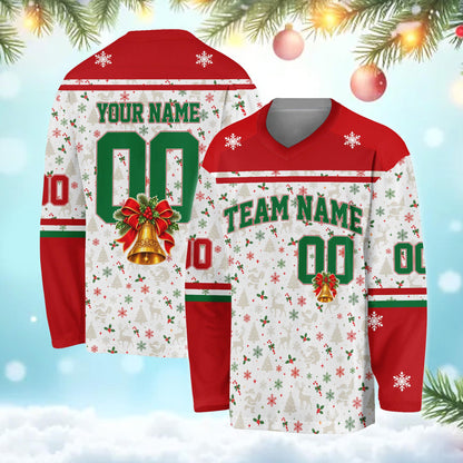Front view of the red personalized christmas hockey jersey