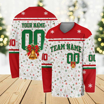 Main view of the personalized christmas themed hockey jersey with custom name and number in red