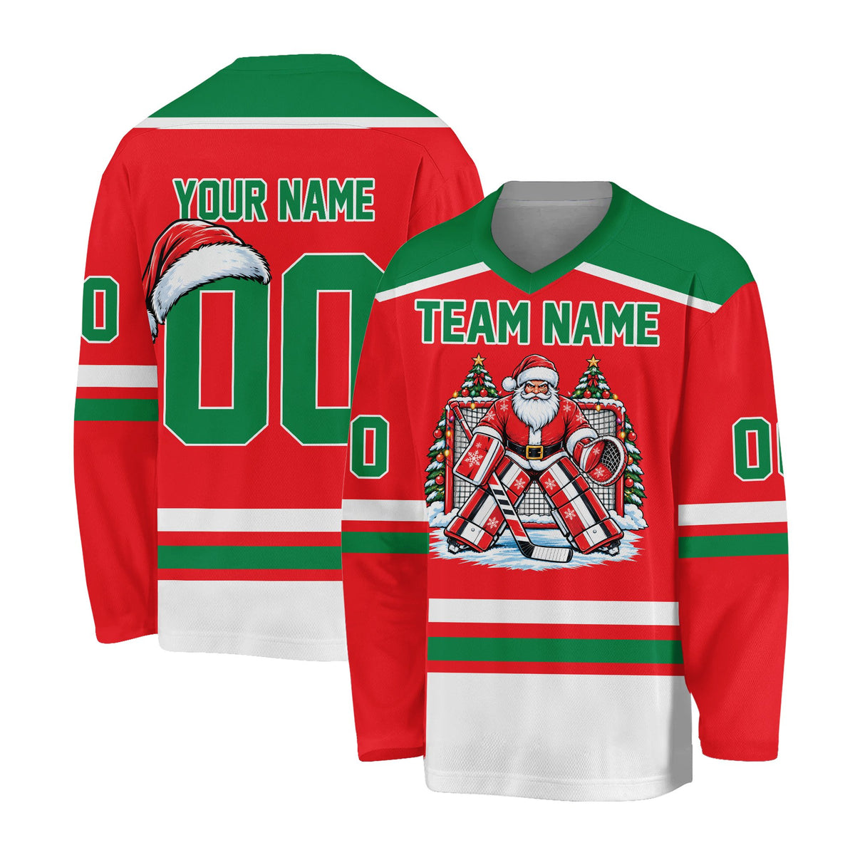 Red personalized hockey jersey with festive stripes and Santa goalie graphic, front view