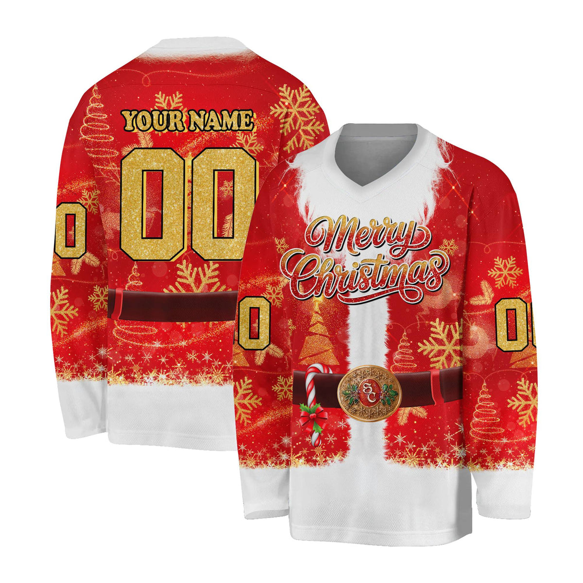 Custom red Santa Christmas hockey jersey with custom name and number, front view