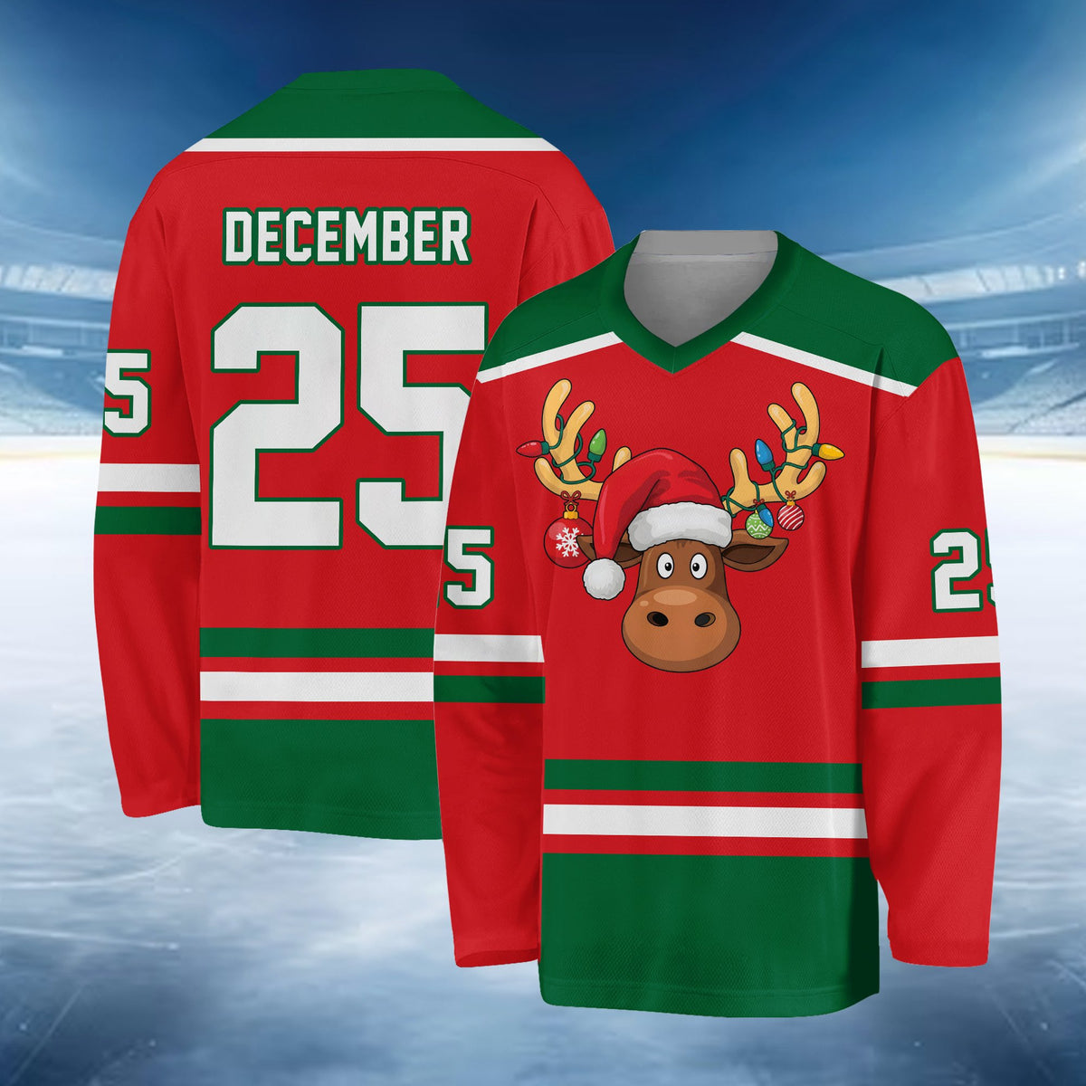 Personalized christmas hockey jersey featuring a reindeer with a Santa hat, main view