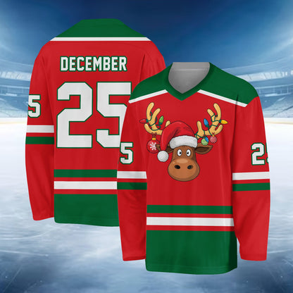 Personalized christmas hockey jersey featuring a reindeer with a Santa hat, main view