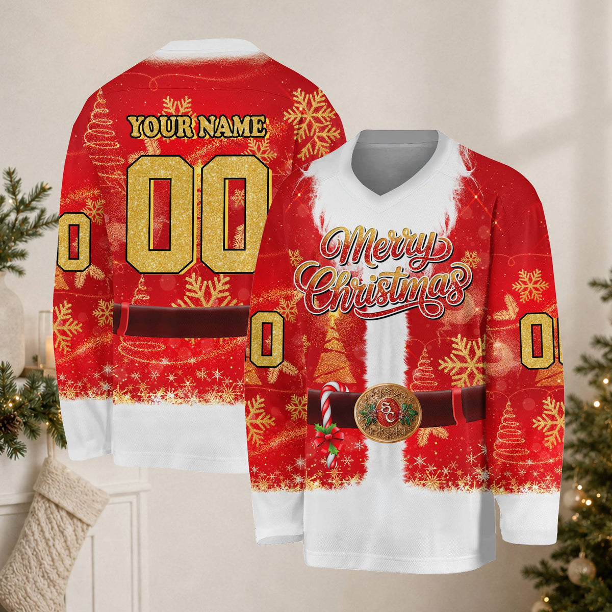 Person wearing the custom red Santa hockey jersey