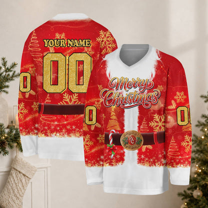 Person wearing the custom red Santa hockey jersey