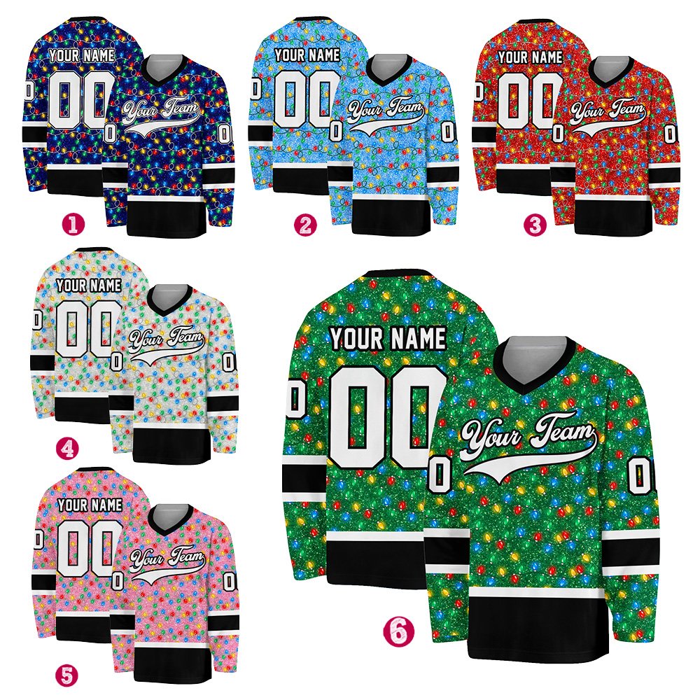 Detail shot of the Christmas lights pattern on the custom hockey jersey