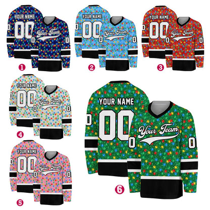 Detail shot of the Christmas lights pattern on the custom hockey jersey