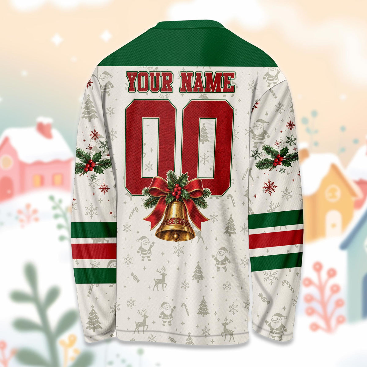 Personalized hockey jersey with custom name and number, white Christmas pattern, back view