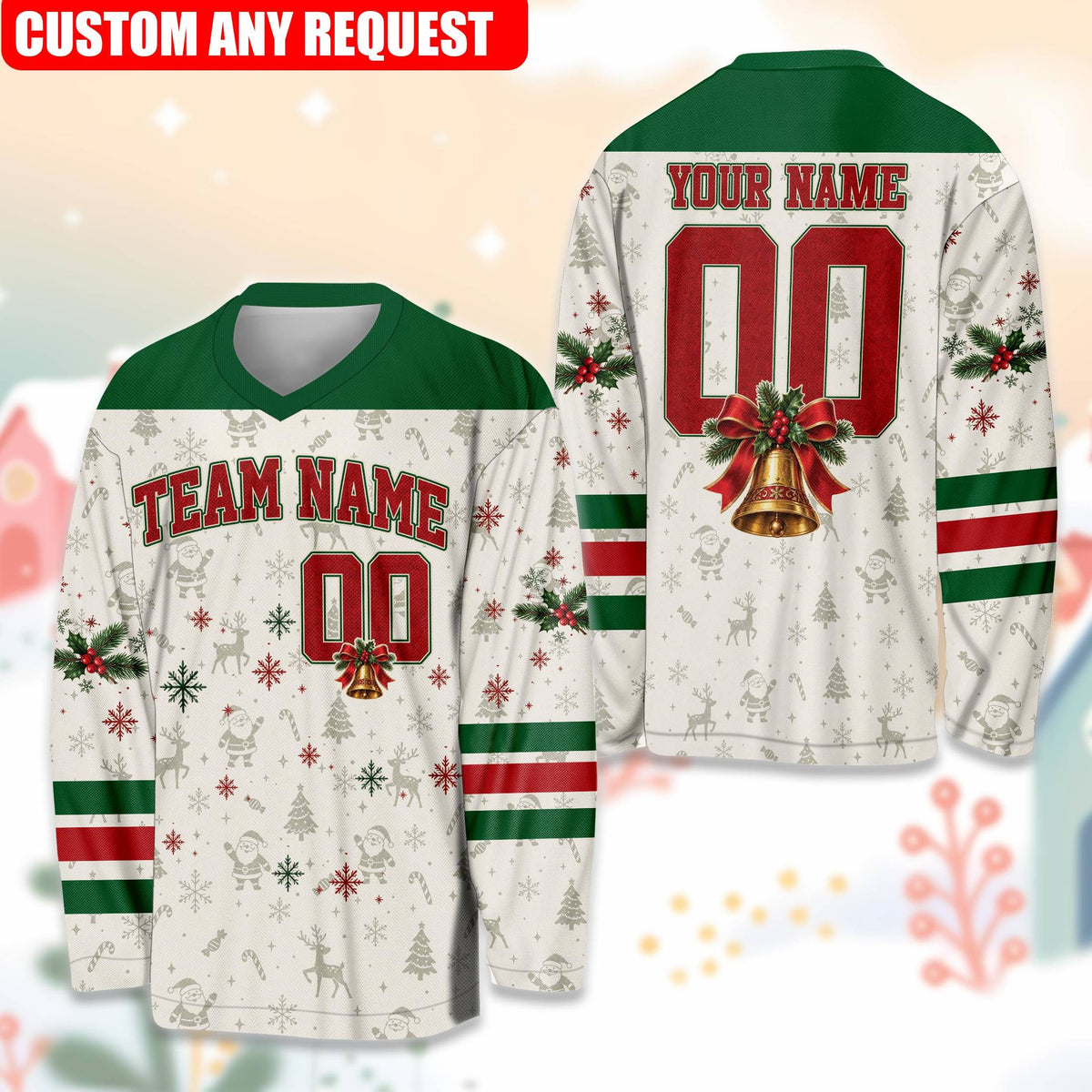 Personalized hockey jersey with custom name and number, white Christmas pattern with Santa and reindeer, front view
