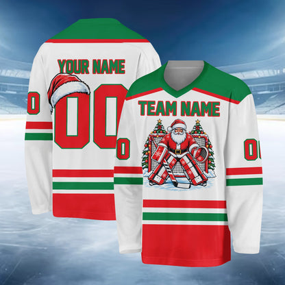 White christmas hockey jersey with Santa goalie design, front view