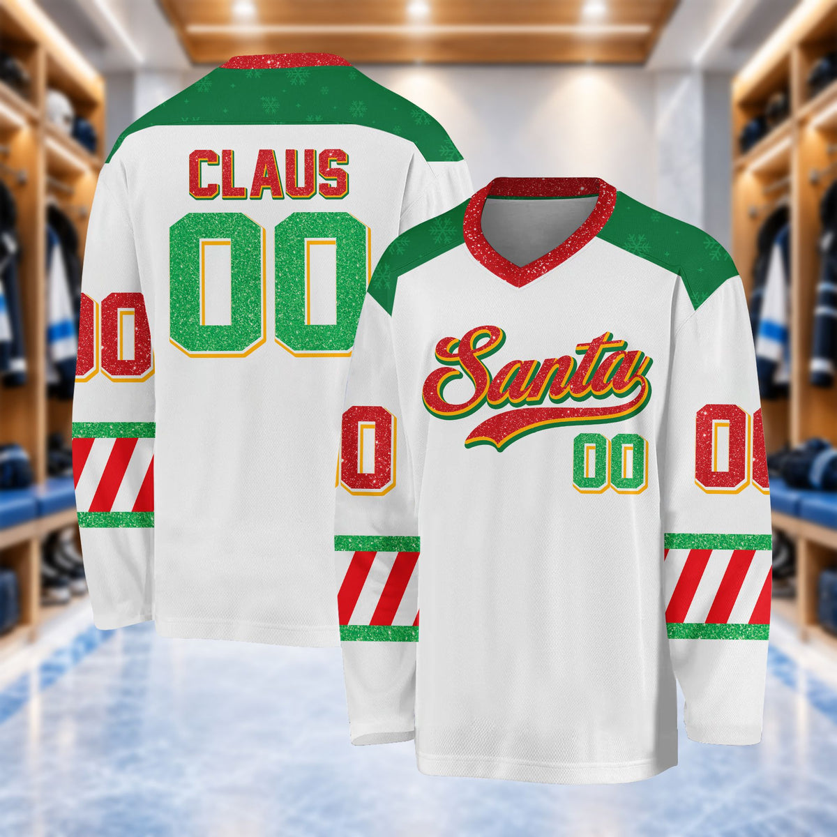 Front view of the white custom hockey jersey with Santa Christmas design
