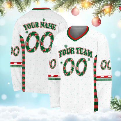 Front view of white personalized christmas hockey jersey