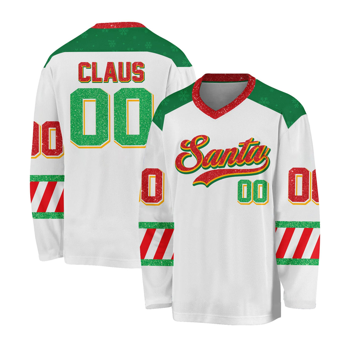Another front view of the white custom hockey jersey with Santa Christmas design