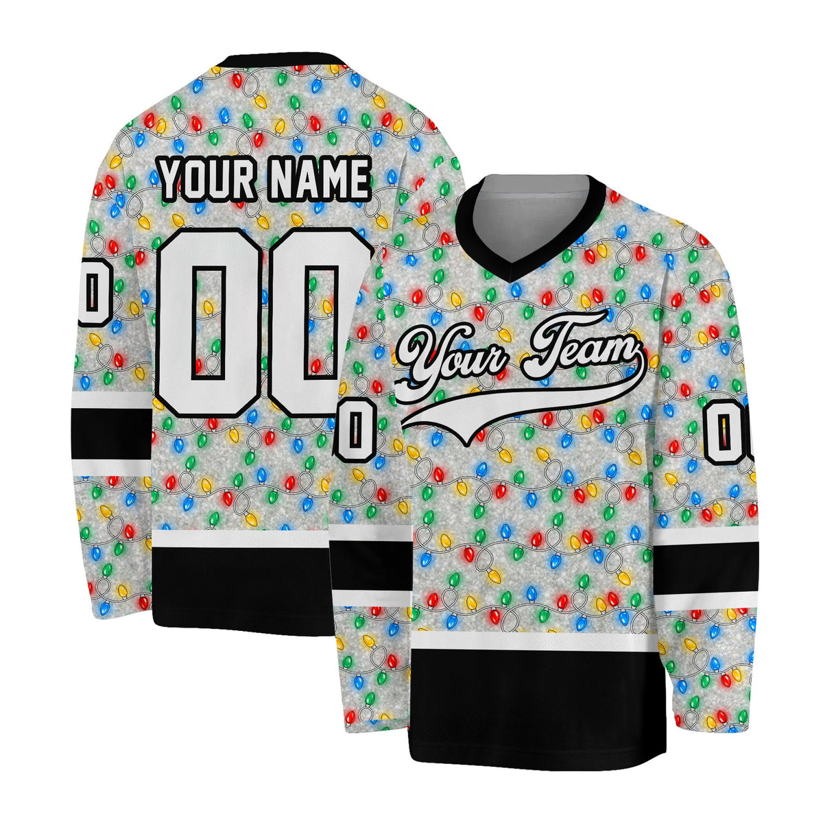 White christmas hockey jersey with festive lights design, front view
