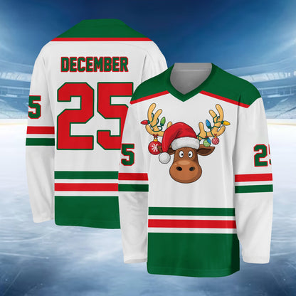 White variation front view of the personalized holiday hockey jersey