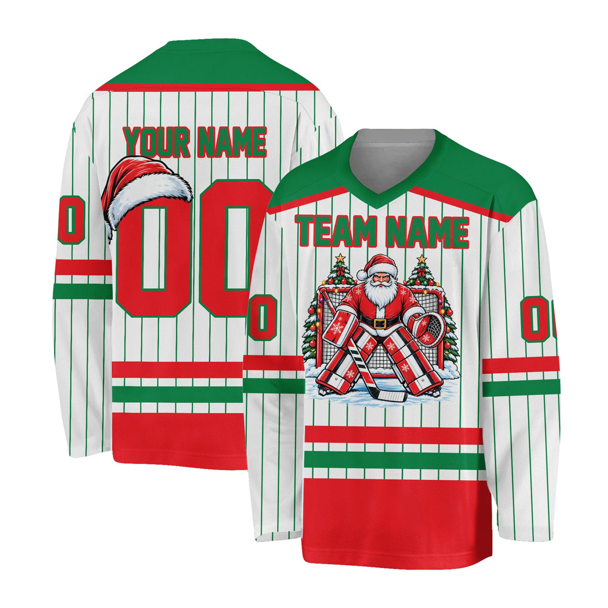Alternative white custom hockey jersey with festive graphics, front view