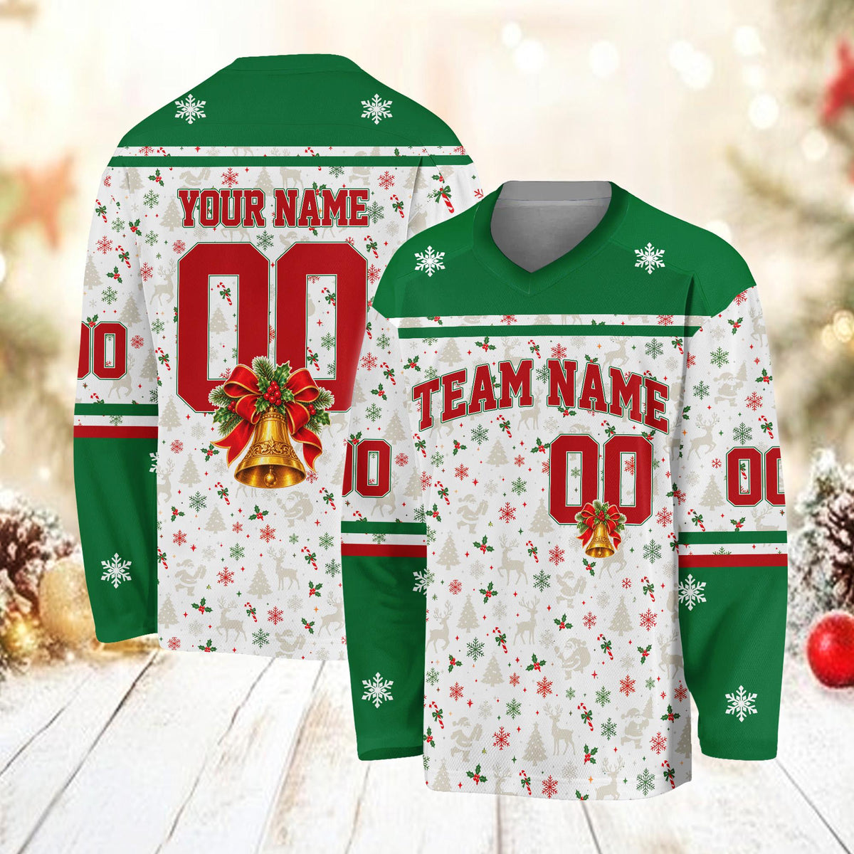 Front view of the white custom christmas themed hockey jersey